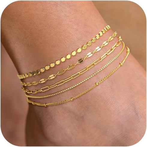DEARMAY Waterproof Gold Ankle Bracelets for Women - Dainty 6Pcs 14K Gold Plated Anklets Layered Cuban Link Chain Herringbone Cute Anklets Set Pack...