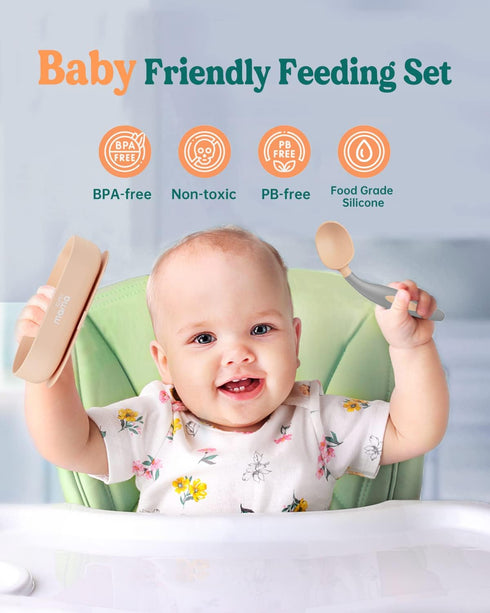 SUPERMAMA Suction Silicone Baby Feeding Set, 2 in 1 Baby Silicone Suction Bowls and Spoons, BPA Free, Infant Babies and Toddler Self Feeding Led W...
