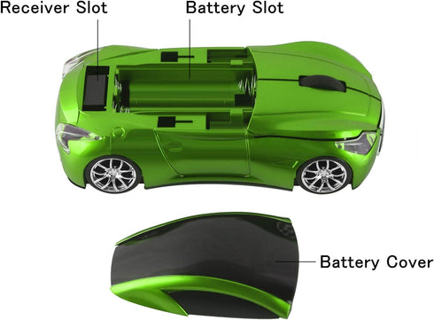 Cool Sport Car Shape 2.4GHz Wireless Mouse Optical Cordless Mice with USB Receiver for PC Laptop Computer 1600DPI 3 Buttons Green...