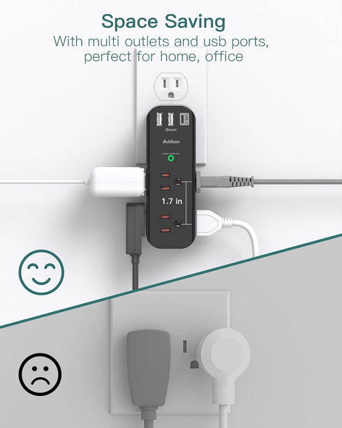 Surge Protector Outlet Extender - with Rotating Plug, 6 AC Multi Plug Outlet with 3 USB Ports, 1800J Wall Charger, 3-Sided Power Strip with Spaced...