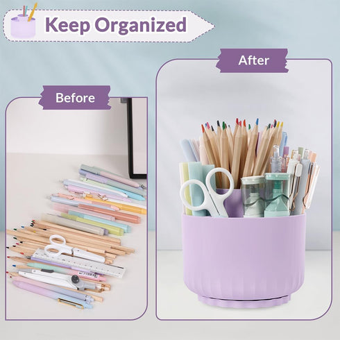 SKYDUE 360 Degree Rotating Desk Organizer, Dual-Purpose Pencil Pen Holder for Desktop, Rotating Desk Pen Organizer with 5 Slots Purple...