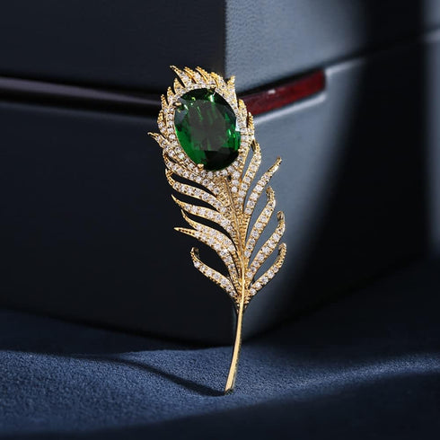 14K Gold Plated Feather Brooch Pin for Women Men With Simulated Emerald Cubic Zirconia Rhinestone Lapel Suit Badges Brooches Pins Fashion Delicate...
