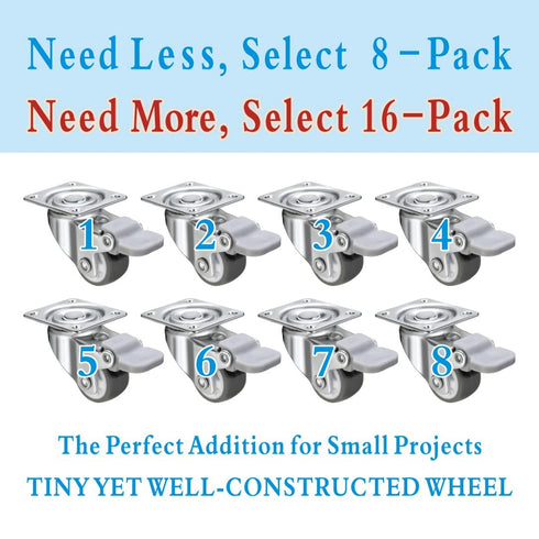 1 inch Caster Wheels 8 Pack, Durable Mini Caster Wheels for Furniture, Soft Rubber Small Locking Casters for Furniture, Low Profile Swivel Castor ...