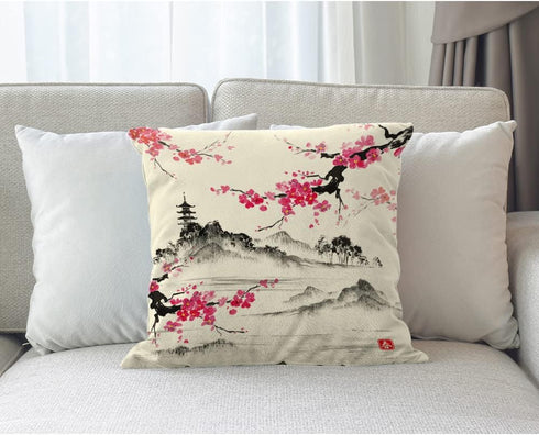 Beabes 18X18 Inch Pillowcase Cherry Landscape, Traditional Japanese Lakes Cherry Pink Comfortable Throw Pillow Case Square Cushion Cotton Linen De...