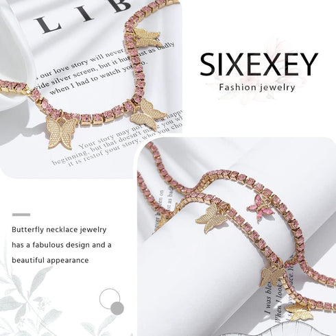 Rhinestone Butterfly Choker Necklaces Pink Sparkly Crystal Pendant Necklace Party Prom Necklace Jewelry for Women...