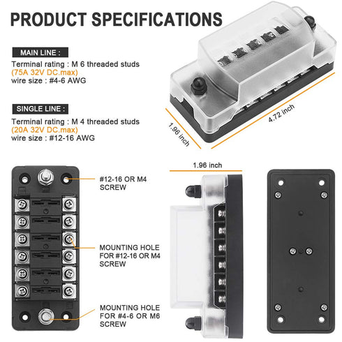 ELECTOP 6 Way Fuse Block Blade Fuse Box with Negative Bus, 6 Circuit Fuse Holder Fuse Block w/Negative Bus, Waterproof Protection Cover Sticker La...