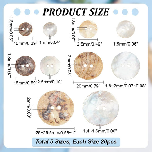 PH PandaHall 100pcs Natural Shell Buttons, 2-Hole Sewing Buttons 10/12/15/20/25mm Round Shell Buttons Craft Seashell Buttons for Cloth Coats Suits...