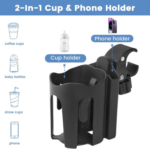 Universal Stroller Cup Holder with Phone Holder, 2-in-1 Cup Phone Holder, Mega Strength Adjustable Clamp fits on Any Bike, Walker, Wheelchair, Lar...