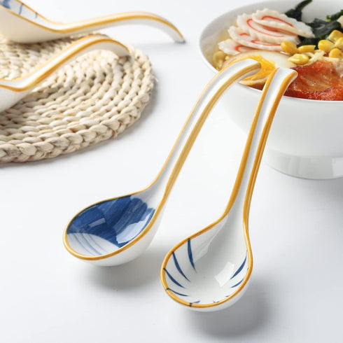 Soup Spoon Set of 4 Japanese and Korean Curved Handle Ceramic Ramen Soup Spoon for Pho Miso Salad Dessert Thai (Style 2)...