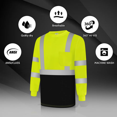 Safety Shirts for Men Class 3 High Visibility Shirts with Black Bottom, Hi Vis Reflective Shirts for Men Women, Long Sleeve Construction Work Shir...