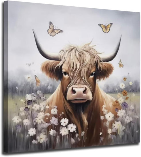 Enartly Bathroom Wall Art Highland Cow Painting Rustic Farmhouse Picture Animal Canvas Print, Nature Flower Landscape Abstract Artwork Framed for ...