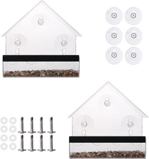 Window Bird Feeder 2 Pack - Clear Clear Bird House Shape Hanging Birds Feeder with Suction Cups and Screws,Separable & Removable Seed Feed Tray fo...