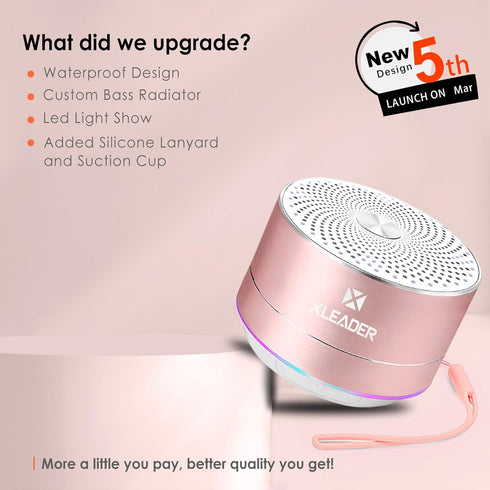 XLEADER A6 Mini Bluetooth Speaker, IPX7 Waterproof Shower Speaker with Lanyard, Small Speaker with Lights and Mic, Cute Pink Bluetooth Speaker for...