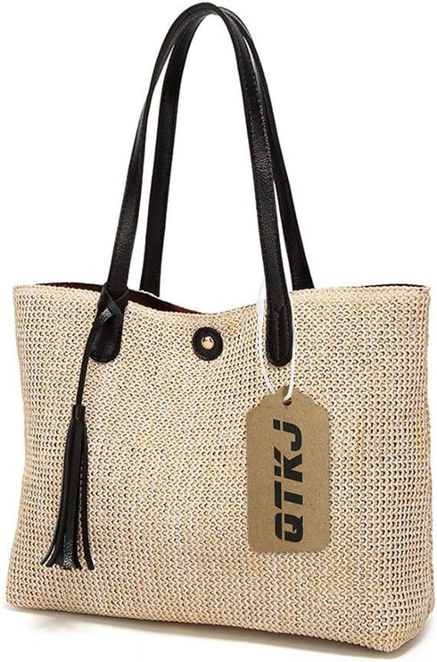 Women Straw Summer Beach Bag Handwoven Big Tote Leather Shoulder Handbag with Tassel Decorate...
