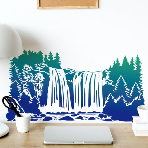 2pcs Waterfall Scenery Stencil Splicing Patterns 22×11inch Large Forest Mountain Landscape Stencil with Paint Brush Natural Scenery 11.8×11.8inch ...