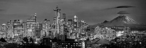 PHOTOSBYJON Seattle Skyline 2020 Photo Print UNFRAMED Dusk BW Black & White City Downtown 11.75 inches x 36 inches Rainier Photographic Panorama P...