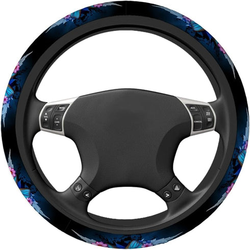 Swono Butterfly and Flower Universal 15" Steering Wheel Covers Abstract Blue Butterfly and Pink Flower Cute Car Steering Wheel Cover for Men Women...