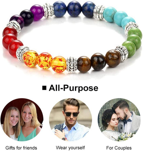 Black Lava Stone 7 Chakra Bracelets, 8mm Yinyang Rock Bead Elastic Natural Gemstones Oil Diffuser Yoga Menditation Beads Bracelets for Men Women G...