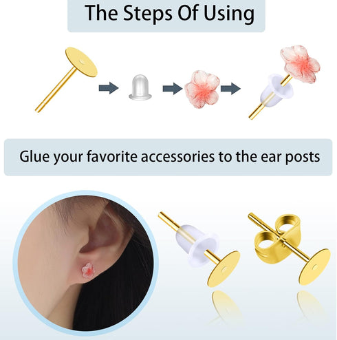TOAOB 300pcs Earring Posts and Backs Gold Stainless Steel Hypoallergenic 5mm Flat Pad Studs with Clear Rubber and Butterfly Earring Backs for DIY ...