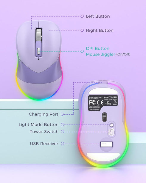 PEIOUS Wireless Mouse, Jiggler Mouse for Laptop - LED Mouse Rechargeable Computer Mice Mouse Mover Undetectable Random Movement with On/Off Button...