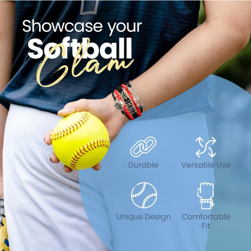 Softball Charm Bracelet (Black/Red) Bracelets, Adjustable Bracelet with Softball Charm. Braided Bracelets for Softball Players, Softball Team, and...