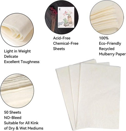 InnoStars Pure Handmade Mulberry Paper Sheets, 50 Sheets 15.7x11.8in Natural Fiber Rice Paper, Decoupage Paper Sheets Art Tissue Washi Paper DIY A...