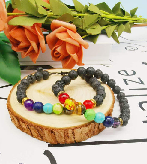 WAINIS 2-14 Pcs Men Women 8mm Lava Rock 7 Chakra Aromatherapy Essential Oil Diffuser Bracelet Elastic Natural Stone Yoga Beads Bracelet 14 TC...