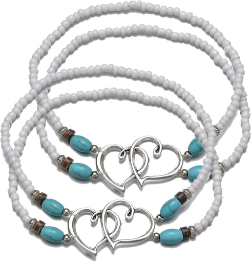 Elastic Beaded Ankle Bracelet for Women Double Layered Beaded Anklet Silver Hearts Stretch Anklet Boho Colorful Beach Anklets Cute Heart Foot Jewe...