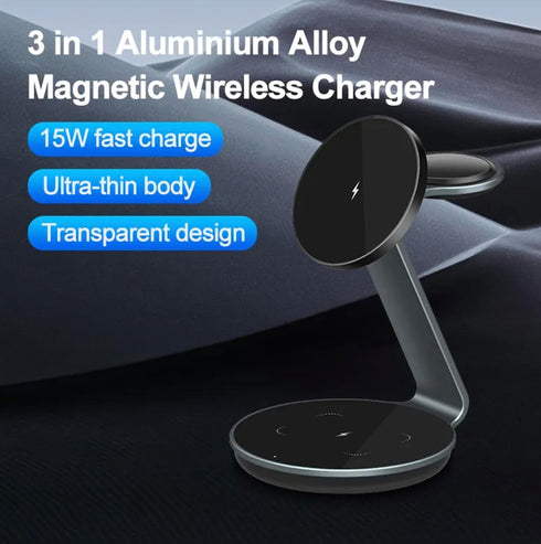 FigurX 3 in 1 Magnetic Wireless Charging Station, Mag Safe Aluminum Alloy Charger Stand for iPhone 15/14/13/12 Series, Apple Watch, AirPods Pro (U...