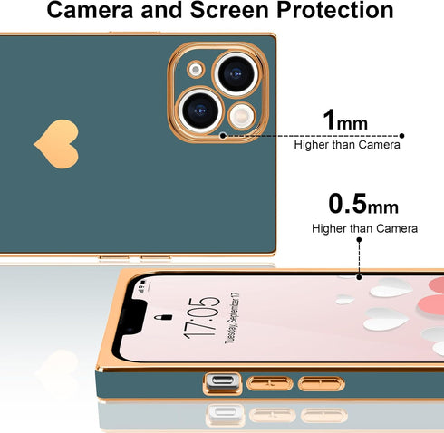 Compatible with iPhone 13 Case Square Luxury Plating Gold for Women Girls Cute Love Heart Pattern Shockproof Raised Full Camera Lens Protection Co...