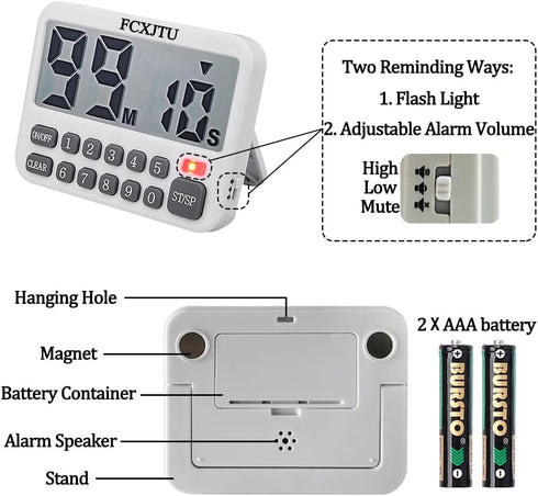 FCXJTU Digital Kitchen Timer, Large Display Countdown/Up Timer with Digits Directly Input, Fast Setting, Loud Alarm, ON/Off, Magnetic Back Stand f...
