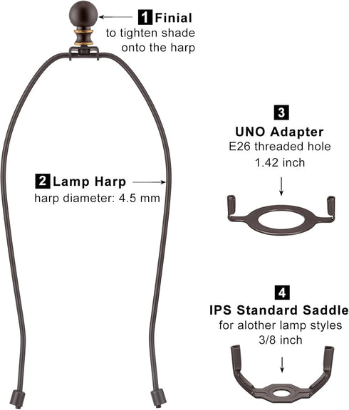 Bronze Lamp Shade Harp with Lamp Finials - 12 Inch, 2 Set Lamp Harp with 3/8 Standard Saddle, E26 Light Base UNO Fitter Adapter, Lamp Hardware for...