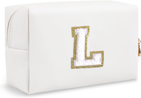 Personalized Initial Preppy Travel Makeup Bag Organizer, Small White Cute Cosmetic Bag Toiletry Zipper Pouch for Women, Portable Waterproof PU Mak...