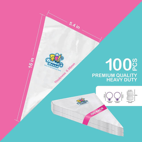 100 Pastry Bags 16 IN | Heavy Duty Piping Bags with Extra Thickness | Disposable Icing Bags with 1 Coupler and 2 Ties | Cake Decoration Piping Bag...