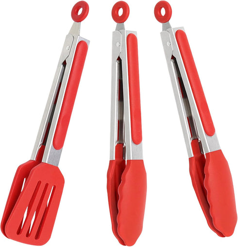 9 Inch Small Kitchen Tongs Set of 3, Silicone Cooking Tongs with Silicone Tips and Stainless Steel Handle, Silicone Tongs for Cooking, Serving(Red...