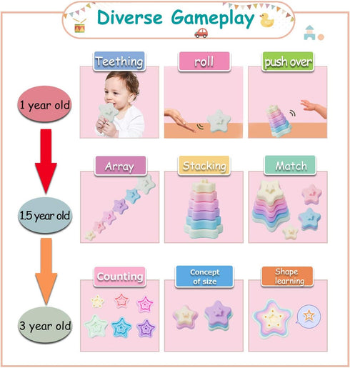 Promise Babe Stacking Toys, Silicone Stacking Rings Teething Toy with Star Shape, Soft Building Blocks, Montessori Early Educational Toy for 6 Mon...