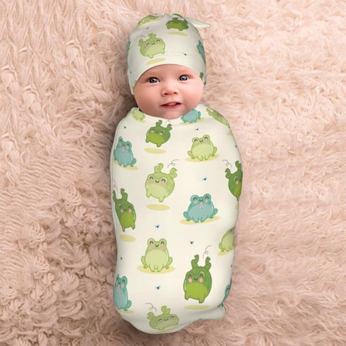 Cartoon Frog Newborn Swaddling Blanket Beanie Hat Sets Soft Baby Receiving Funny Animal Blanket Soft Sleeping Bag New Born Soft Sleep Sacks for Bo...