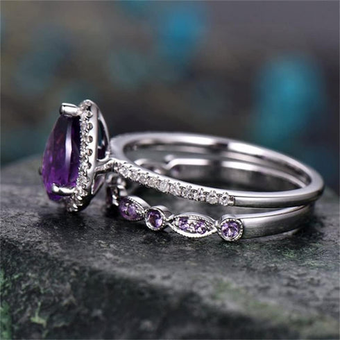 HaoMo 2 Pcs Gorgeous Purple Cubic Zirconia Bridal Prom Engagement Pear Shaped Teardrop Ring Set Marquise Matching Band Amethyst Birthstone Ring Et...