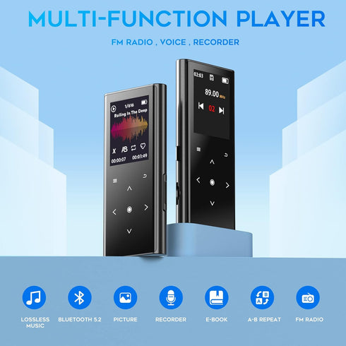 128GB MP3 Player, ZOOAOXO Music Player with Bluetooth 5.2, Built-in HD Speaker, FM Radio, Voice Recorder, Mini Design, Weigh 2.4 oz, HiFi Sound, I...
