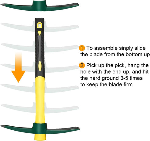 Forged Adze Pick, Weeding Mattock Hoe, Pick Axe 15-Inch, One Piece Intact Drop Forged, Plastic Coated Fiberglass Handle, 1.4LB...