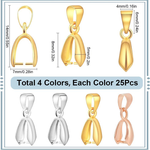 1 Box 100Pcs 4 Colors 14mm Pinch Clip Bail Clasp Snap on Bails Gold Silver Pendant Pinch Clip Clasps Brass Connector Clips for Jewelry Making Clas...