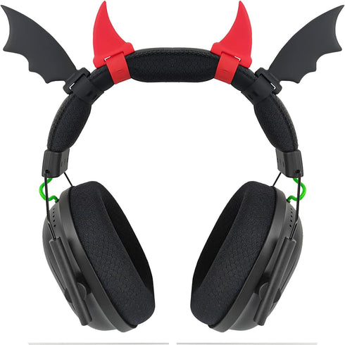 RUKUHOT Halloween Black Bat Wings + Red Devil Horns Headphone Attachment, Bat Devil Horns Headband Headset Decor, Cosplay Props Bat Wing for Hallo...
