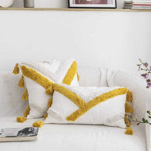 vctops Geometric Embroidery Tufted Throw Pillow Covers 18x18 Inch Farmhouse Cotton Canvas Woven Tufted Tassel Cushion Covers Home Decor (Mustard Y...
