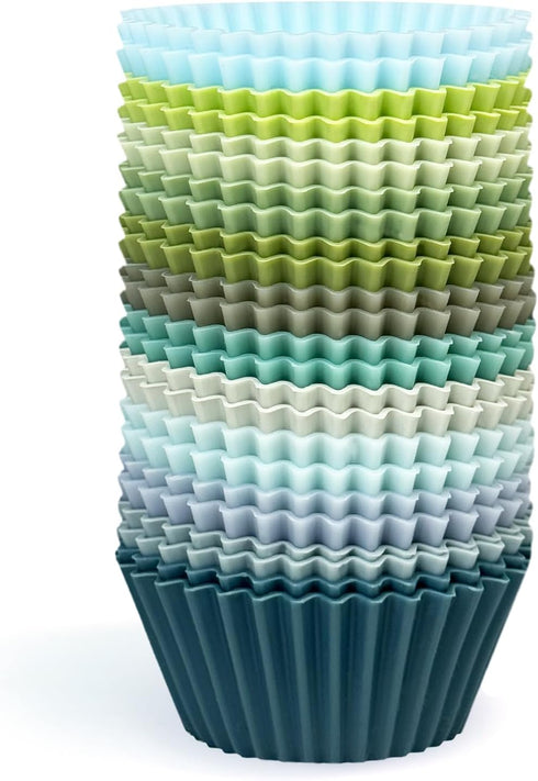 qiqee 24-Packs Reusable Silicone Cupcake Liners 12 Solid Morandi Green Blue Colors Cupcake Baking Cups Silicone Muffin Liners (12 Colors)...