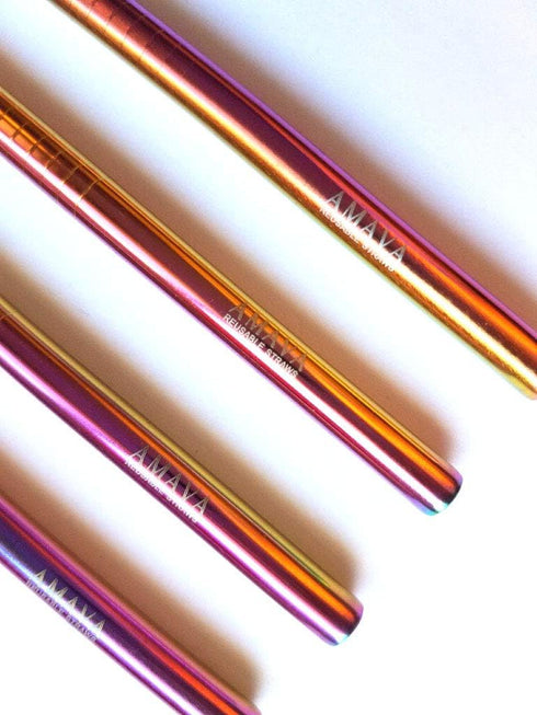 Reusable Straws Set, Stainless Steel Metal, Colorful, Includes 8 Straws, 4 Silicone Tips, 2 Cleaning Brushes, and 2 Travel Pouches, Draw String Ba...