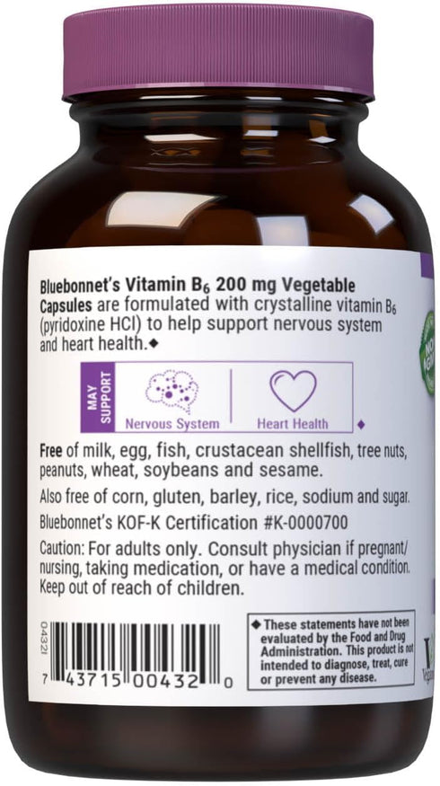 Bluebonnet Nutrition Vitamin B6 Vegetable Capsules, 200 mg, For Cardiovascular and Nervous System Health, Soy Free, Gluten Free, Kosher, Dairy Fre...