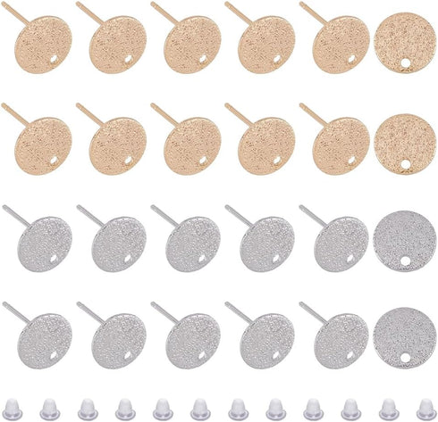SUPERFINDINGS 24Pcs 2 Colors Hammered Brass Stud Earring Findings 10mm Flat Round Earring Posts Real Gold Platinum Plated Circle Disc Earring Stud...