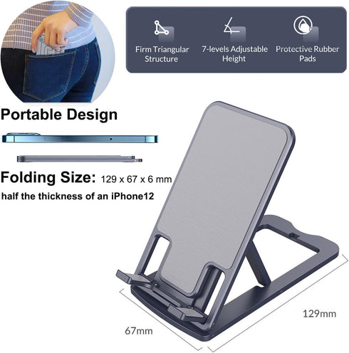 DTech Foldable Cell Phone Stand Holder Aluminum Adjustable Height Nonslip Adhesive Portable Cellphone Cradle for Desk Office Table Home Travel Mob...