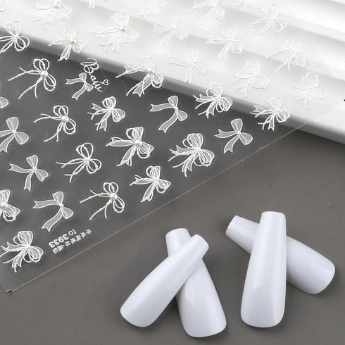 5D Embossed White Lace Bowknot Nail Art Stickers Pearl Bow Nail Stickers for Nail Art Supplies Retro Relief Bow Nail Decals Self-sdhsive Bow Stick...