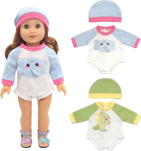 2 Sets 14-16 inch Baby Doll Clothes - 2 Pack Cartoon Print Rompers with Hat Outfits for Baby Doll Boy and Girl...